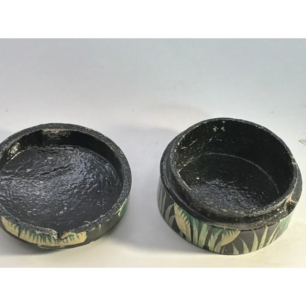 Vintage Kashmiri Paper Mache Trinket Box From‎ India Lacquered Finish Cat Design